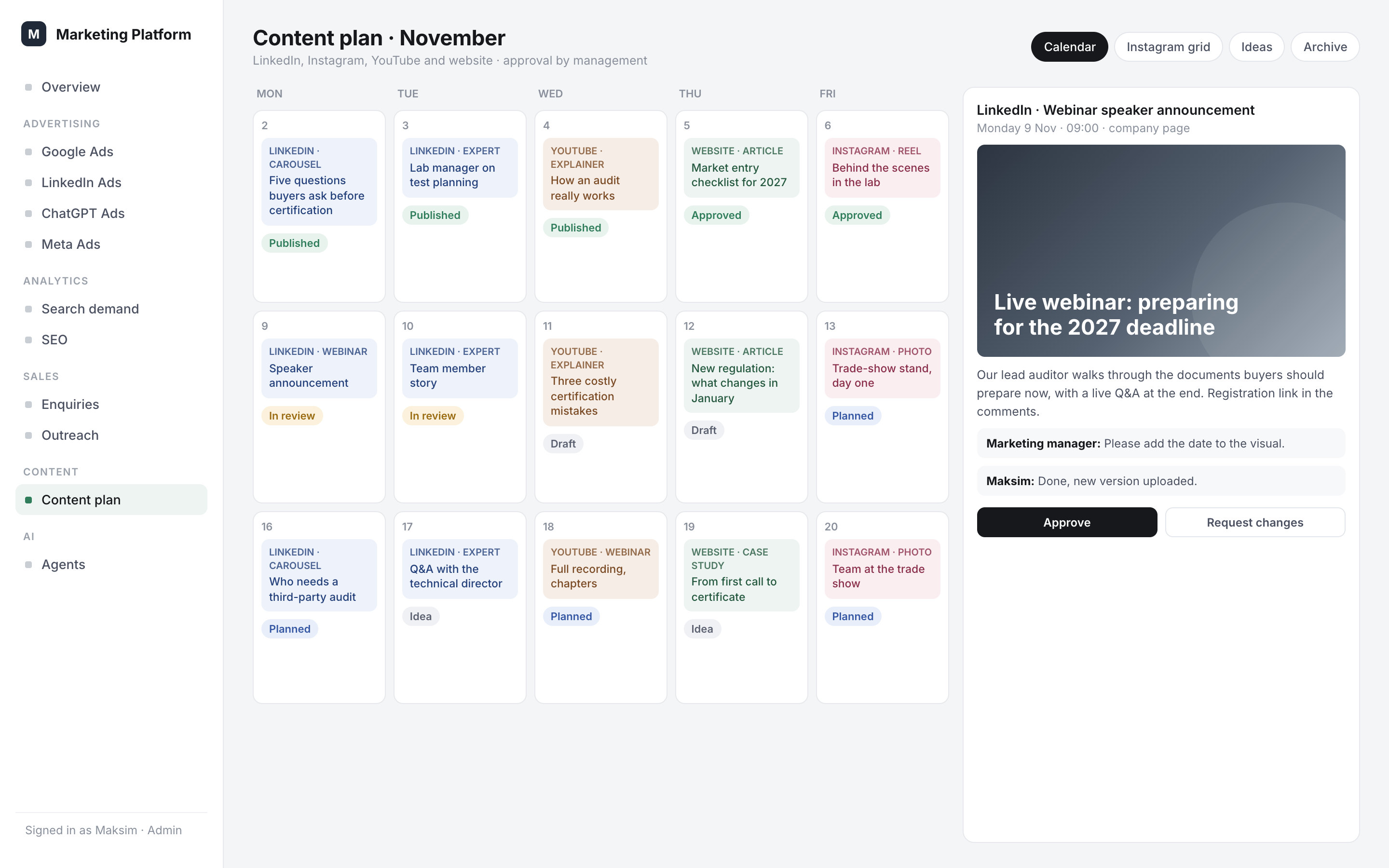 Content plan screen